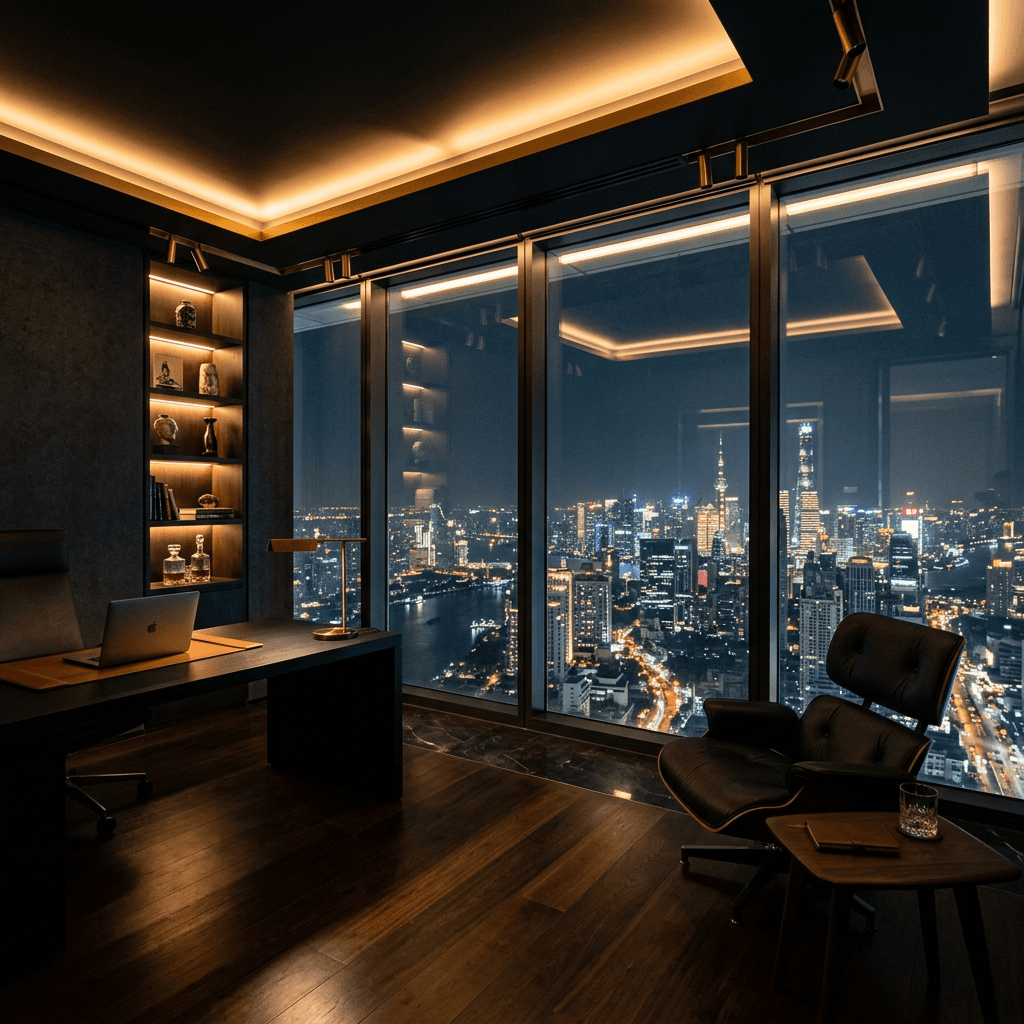 Private office overlooking city at night