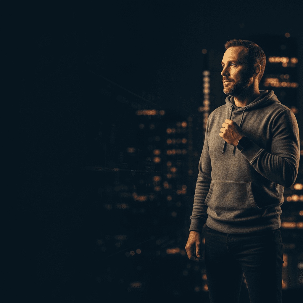Tech professional looking over a city at night